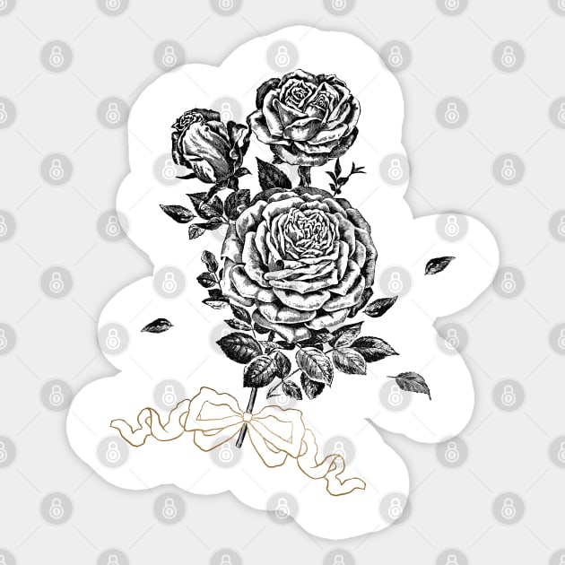 Black and White Wedding Rose Flower Bouquet with Gold Ribbon Sticker by Biophilia